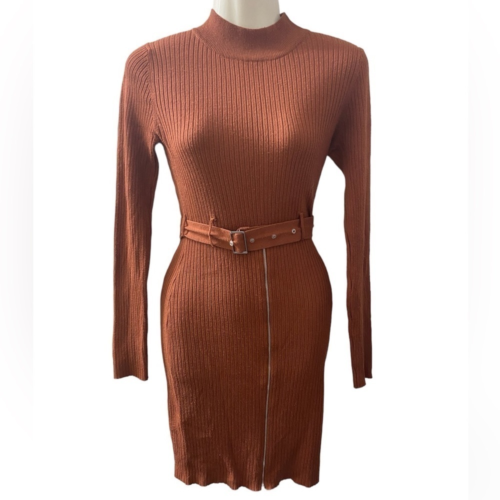 Say What Women’s Brown Zipper Sweater Dress With Belt Size Small